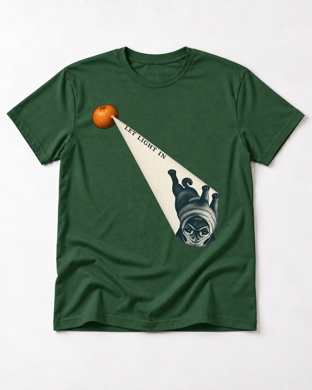 Pug Let Light In Camera Obscura Graphic T-Shirt in Forest Green, flat lay product photo