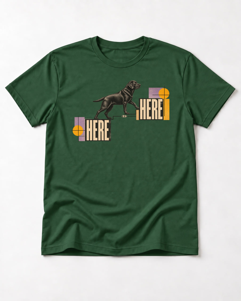 Here and Here Stepping Labrador Retriever Graphic T-Shirt in Forest Green, flat lay product photo