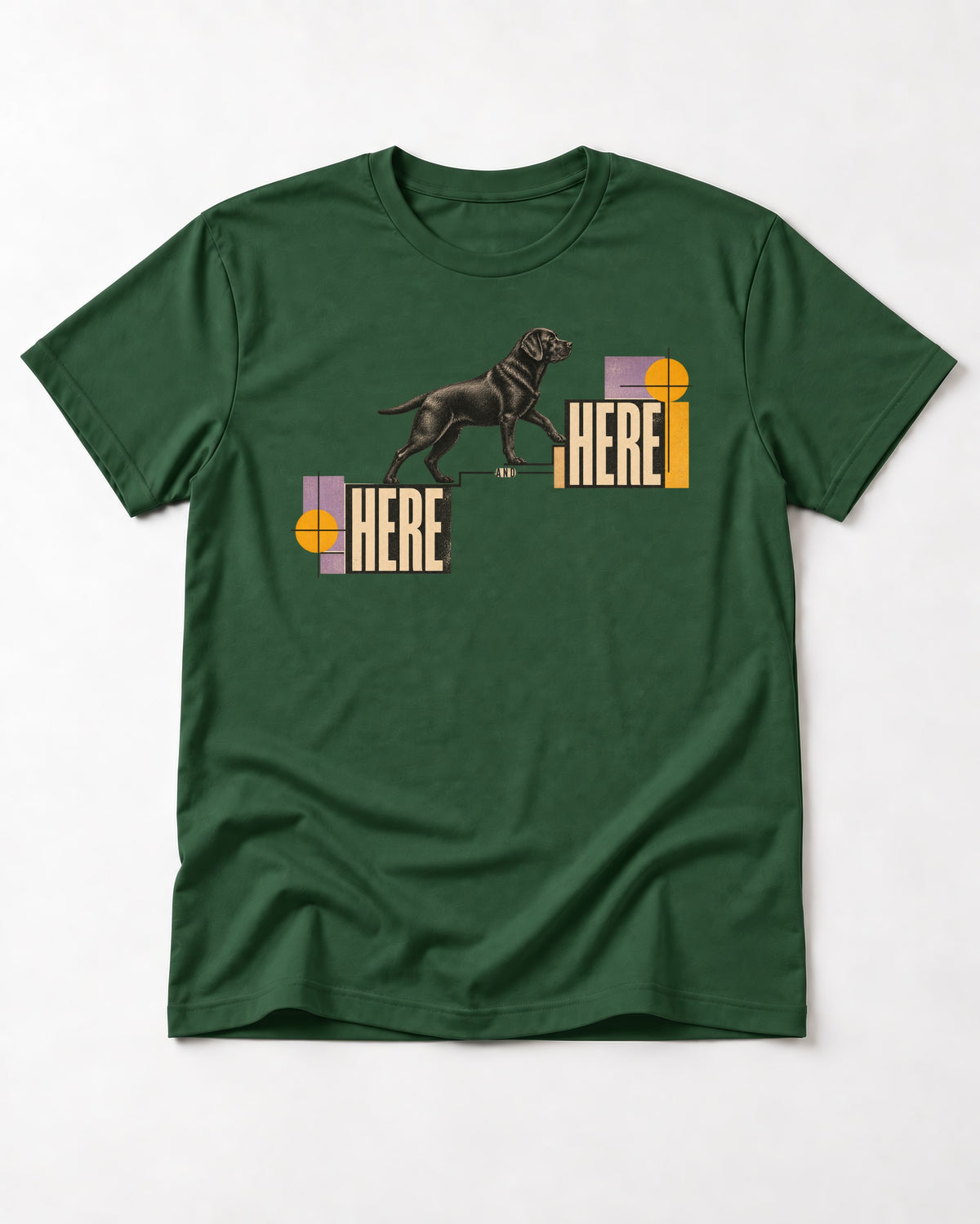 Here and Here Stepping Labrador Retriever Graphic T-Shirt in Forest Green, flat lay product photo