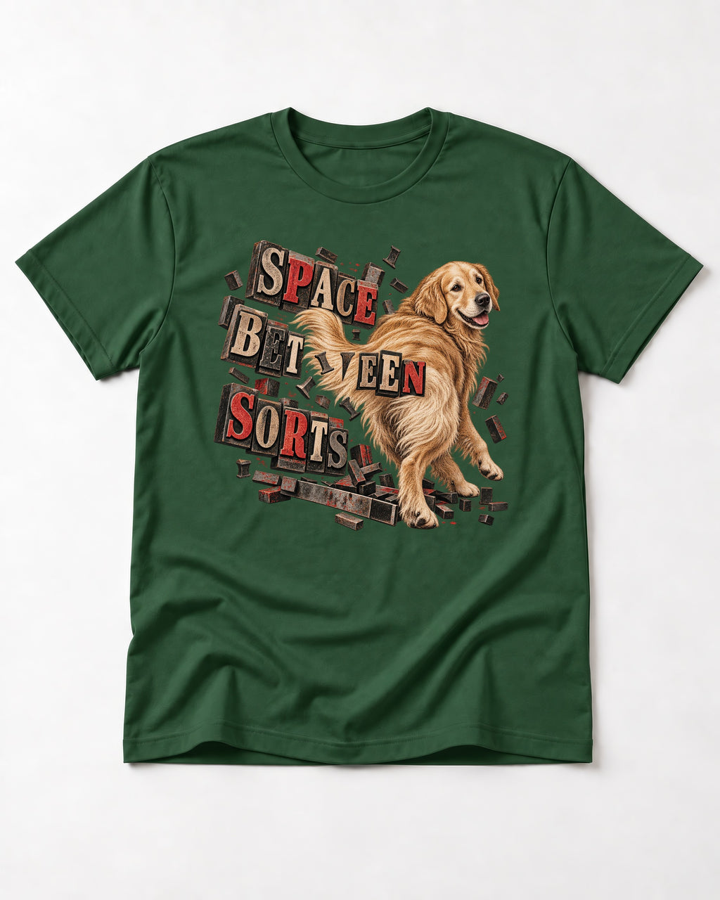 Golden Retriever Space Between Sorts Letterpress Graphic T-Shirt in Forest Green, flat lay product photo