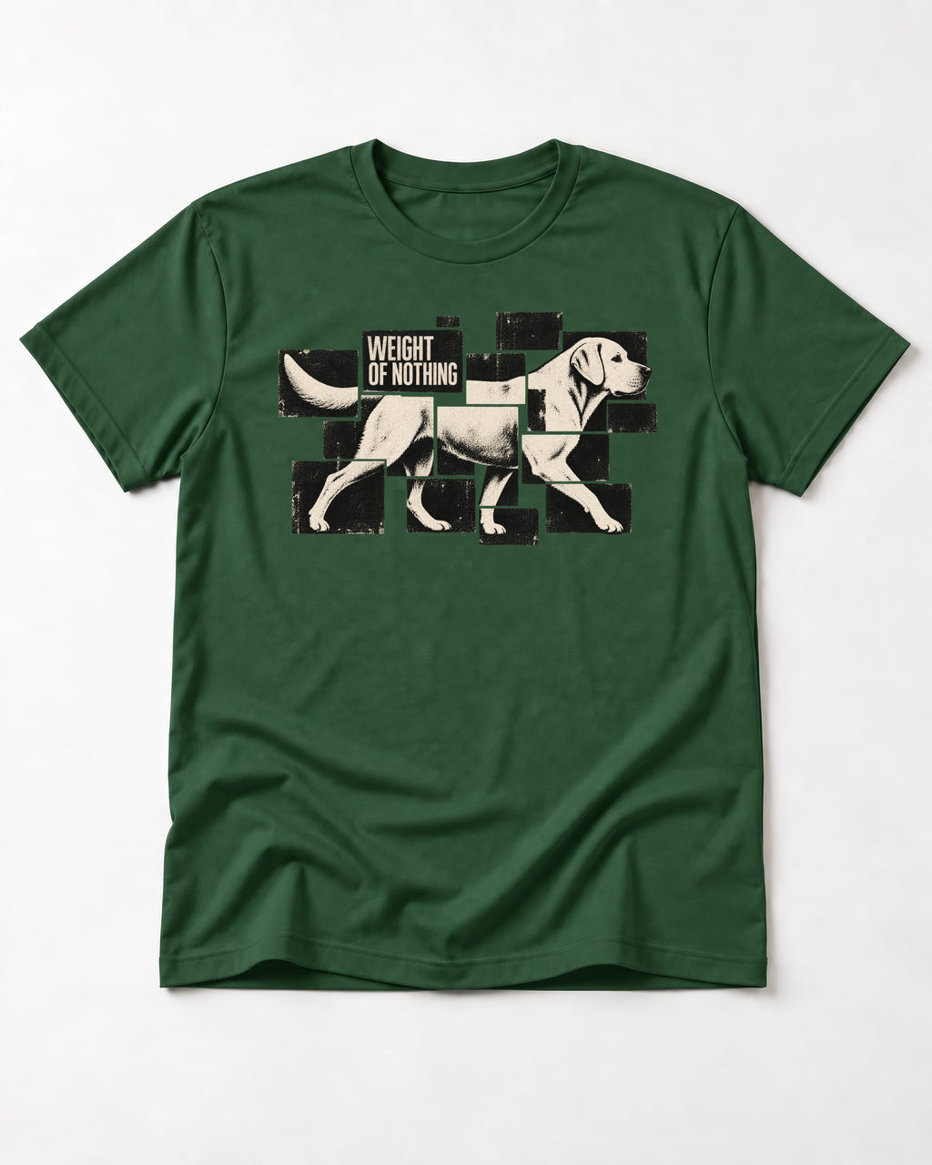 Labrador Retriever Weight of Nothing Fragmented Tile Graphic T-Shirt in Forest Green, flat lay product photo
