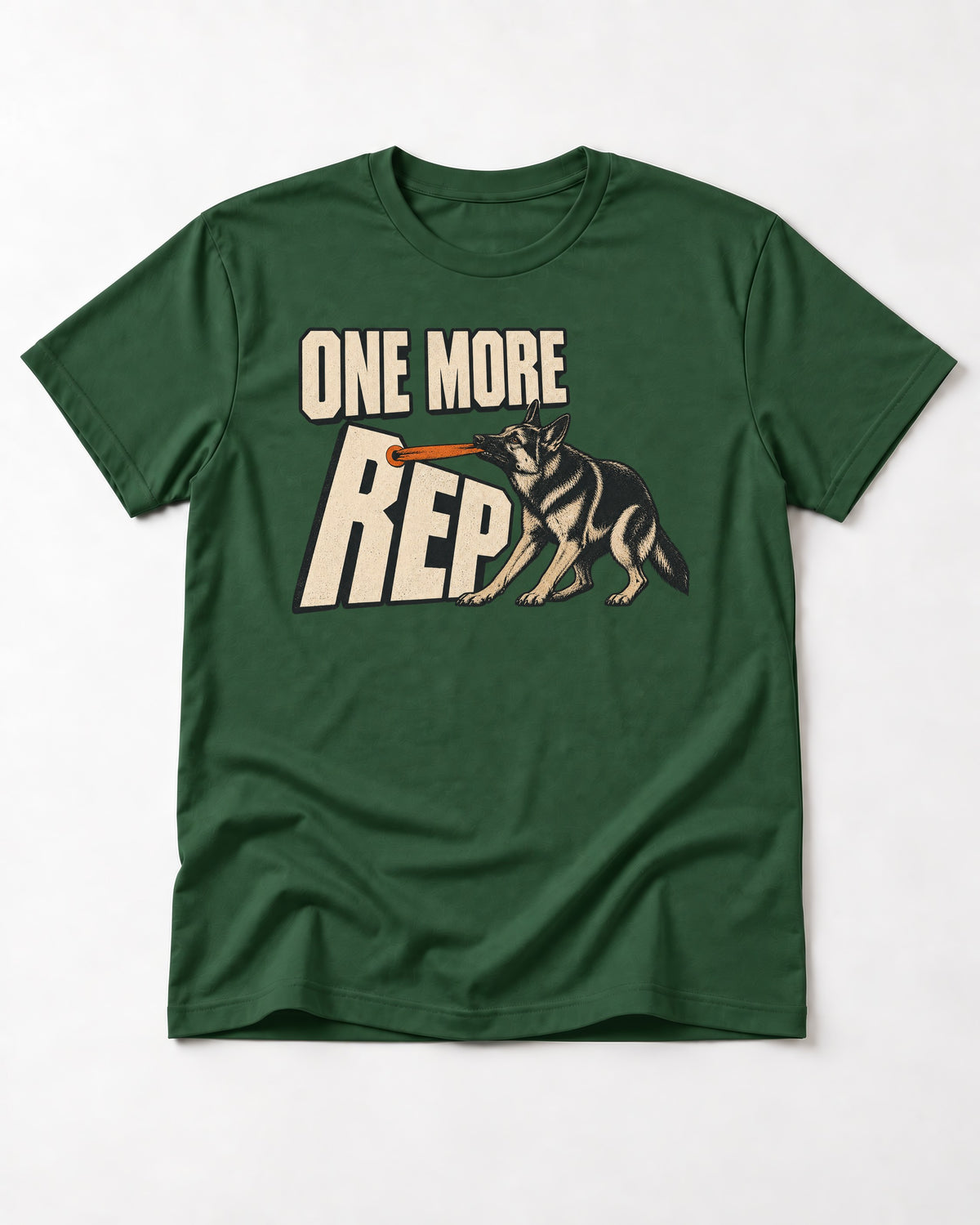 One More Rep Tug German Shepherd Dog Graphic T-Shirt in Forest Green, flat lay product photo
