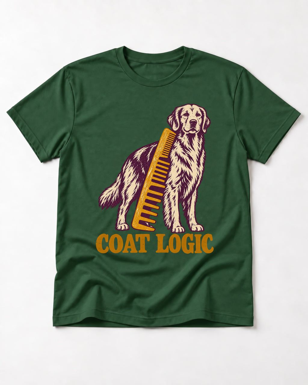 Golden Retriever Coat Logic Grooming Gauge Graphic T-Shirt in Forest Green, flat lay product photo