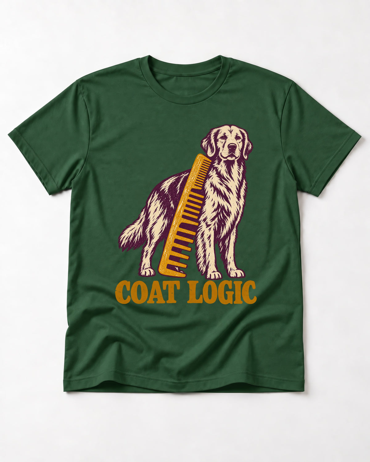 Golden Retriever Coat Logic Grooming Gauge Graphic T-Shirt in Forest Green, flat lay product photo