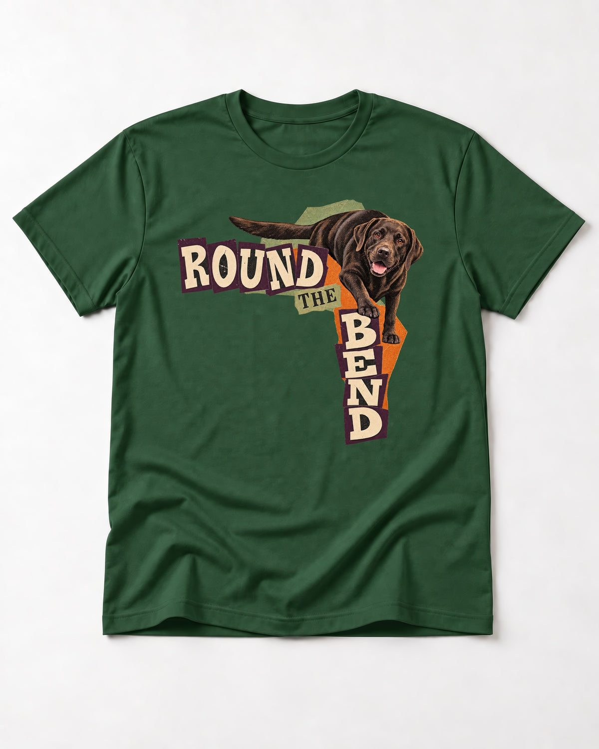 Labrador Retriever Round the Bend Collage Graphic T-Shirt in Forest Green, flat lay product photo