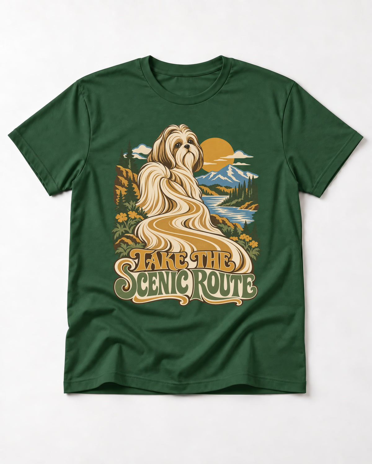Shih Tzu Take the Scenic Route Mountain Vista Graphic T-Shirt in Forest Green, flat lay product photo