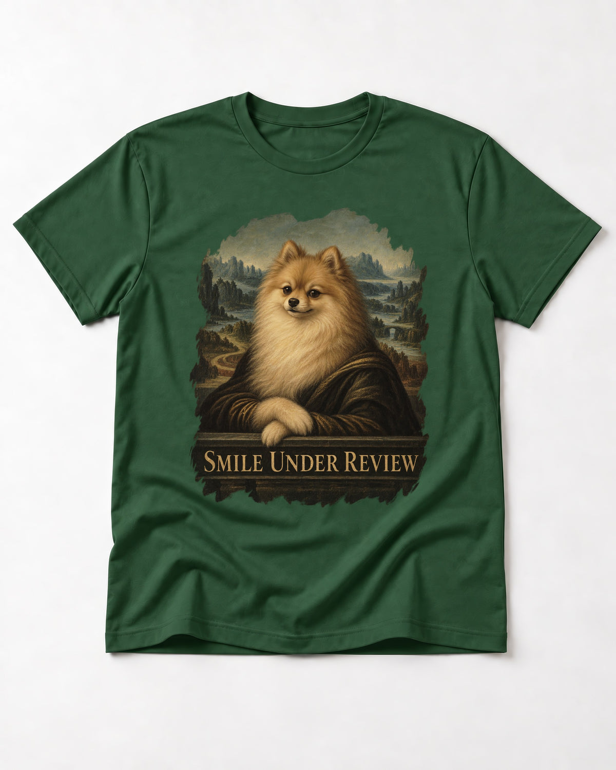 Pomeranian Smile Under Review Renaissance Portrait Graphic T-Shirt in Forest Green, flat lay product photo