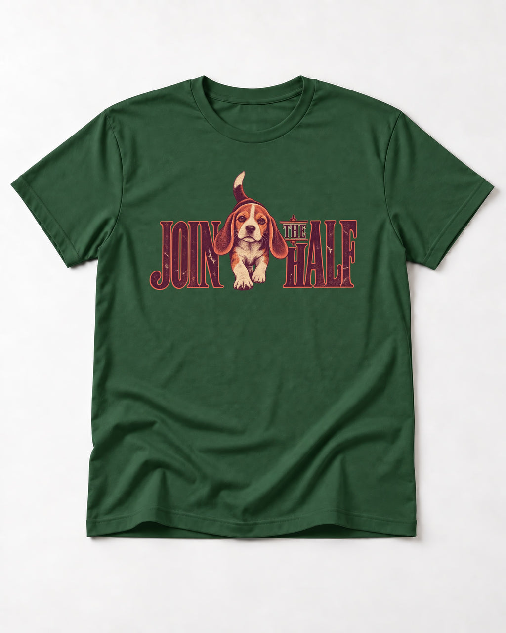 Beagle Join The Half T-Shirt in Forest Green, flat lay product photo