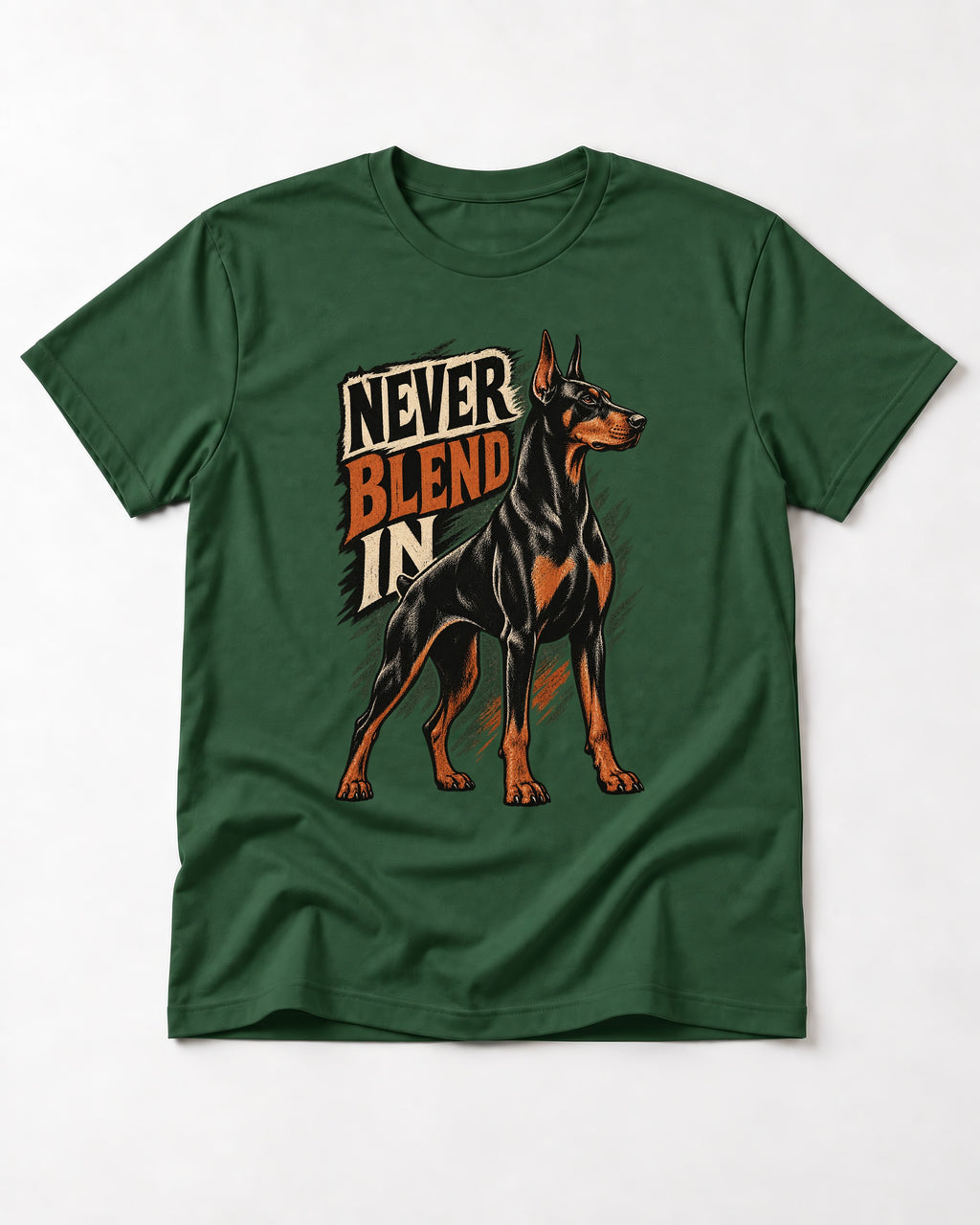 Doberman Never Blend In Brush Graphic T-Shirt in Forest Green, flat lay product photo