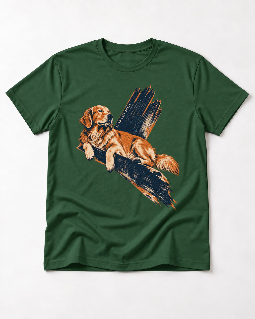 Golden Retriever At an Easy Angle Brushstroke Lounge Graphic T-Shirt in Forest Green, flat lay product photo