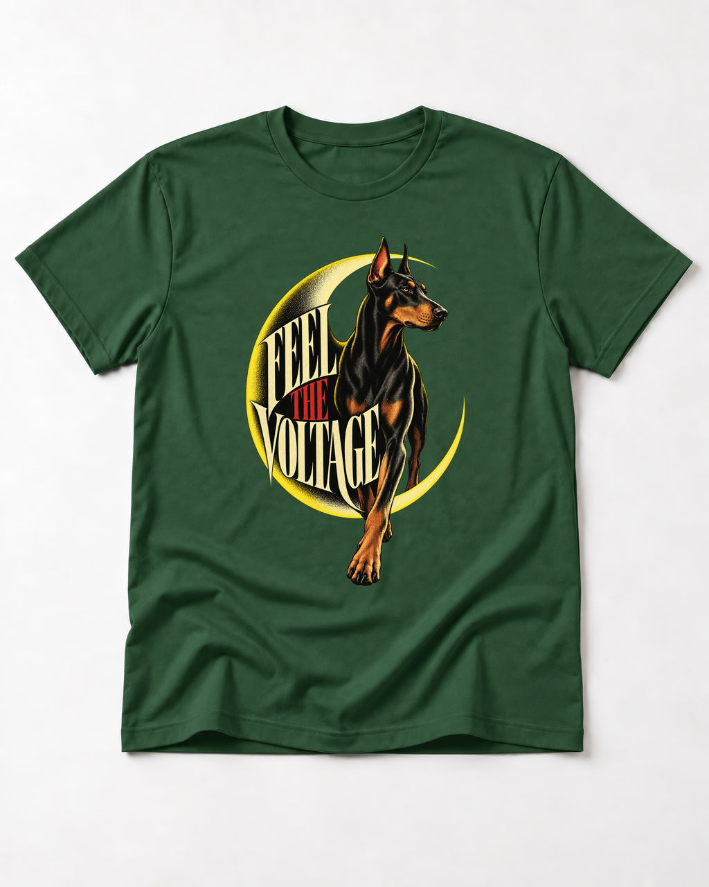 Doberman Feel the Voltage Crescent Portrait Graphic T-Shirt in Forest Green, flat lay product photo