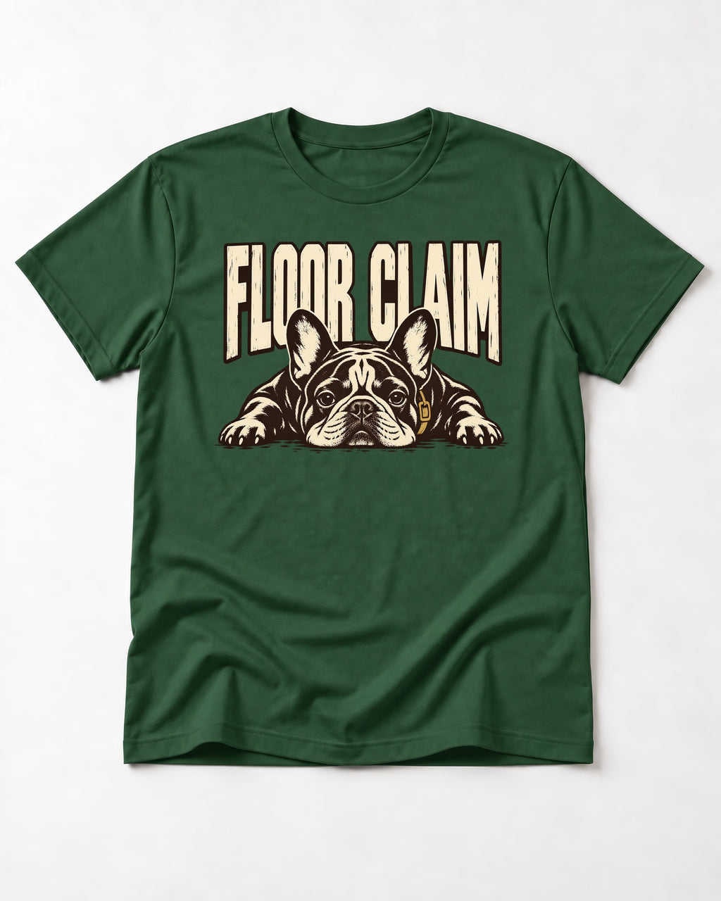 Frenchie Floor Claim Resting Graphic T-Shirt in Forest Green, flat lay product photo