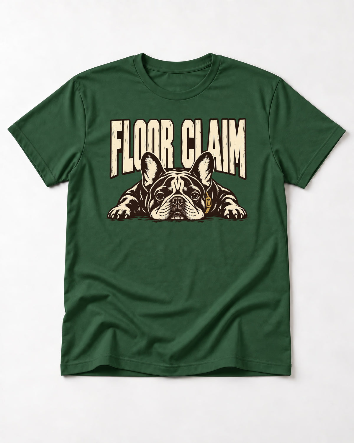 Frenchie Floor Claim Resting Graphic T-Shirt in Forest Green, flat lay product photo