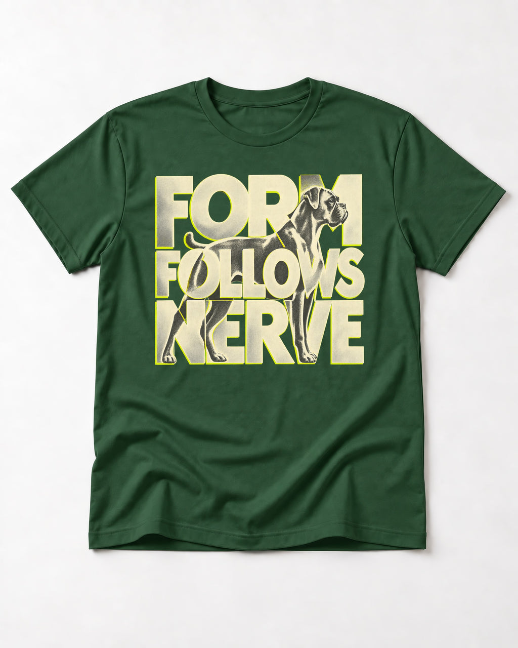 Form Follows Nerve Boxer Typography T-Shirt in Forest Green, flat lay product photo