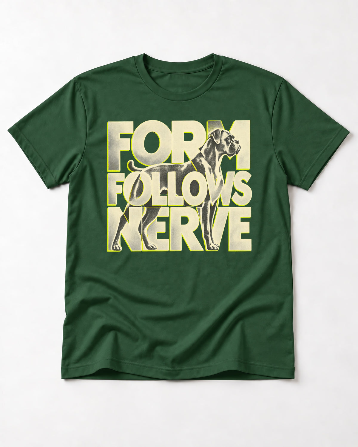 Form Follows Nerve Boxer Typography T-Shirt in Forest Green, flat lay product photo