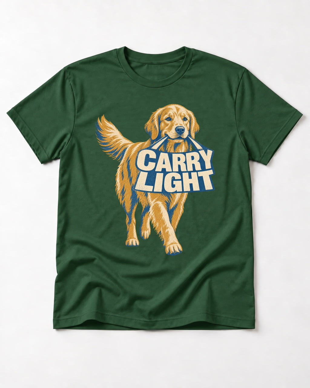 Golden Retriever Carry Light Sign Graphic T-Shirt in Forest Green, flat lay product photo