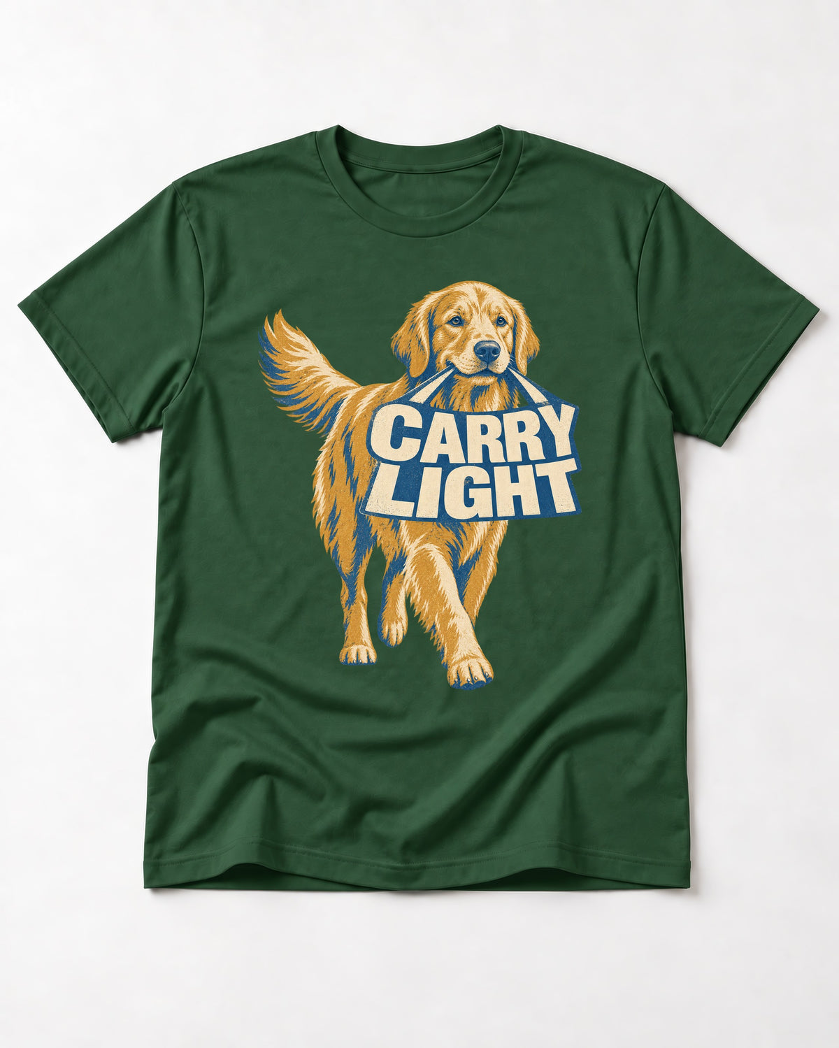 Golden Retriever Carry Light Sign Graphic T-Shirt in Forest Green, flat lay product photo