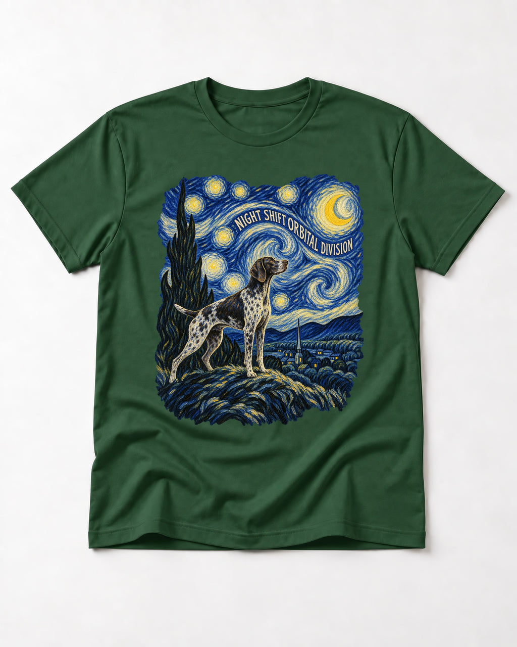 German Shorthaired Pointer Night Shift Orbital Division Starry Night Graphic T-Shirt in Forest Green, flat lay product photo