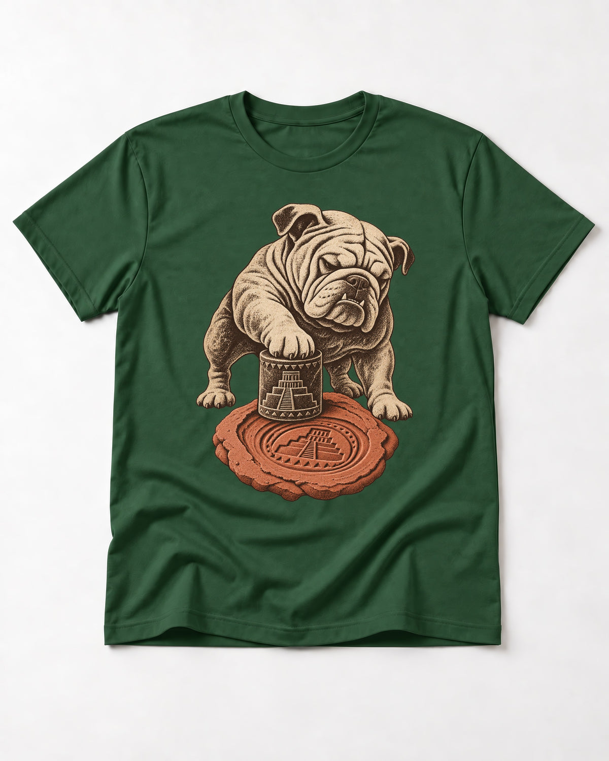 English Bulldog Ancient Cylinder Seal Graphic T-Shirt in Forest Green, flat lay product photo