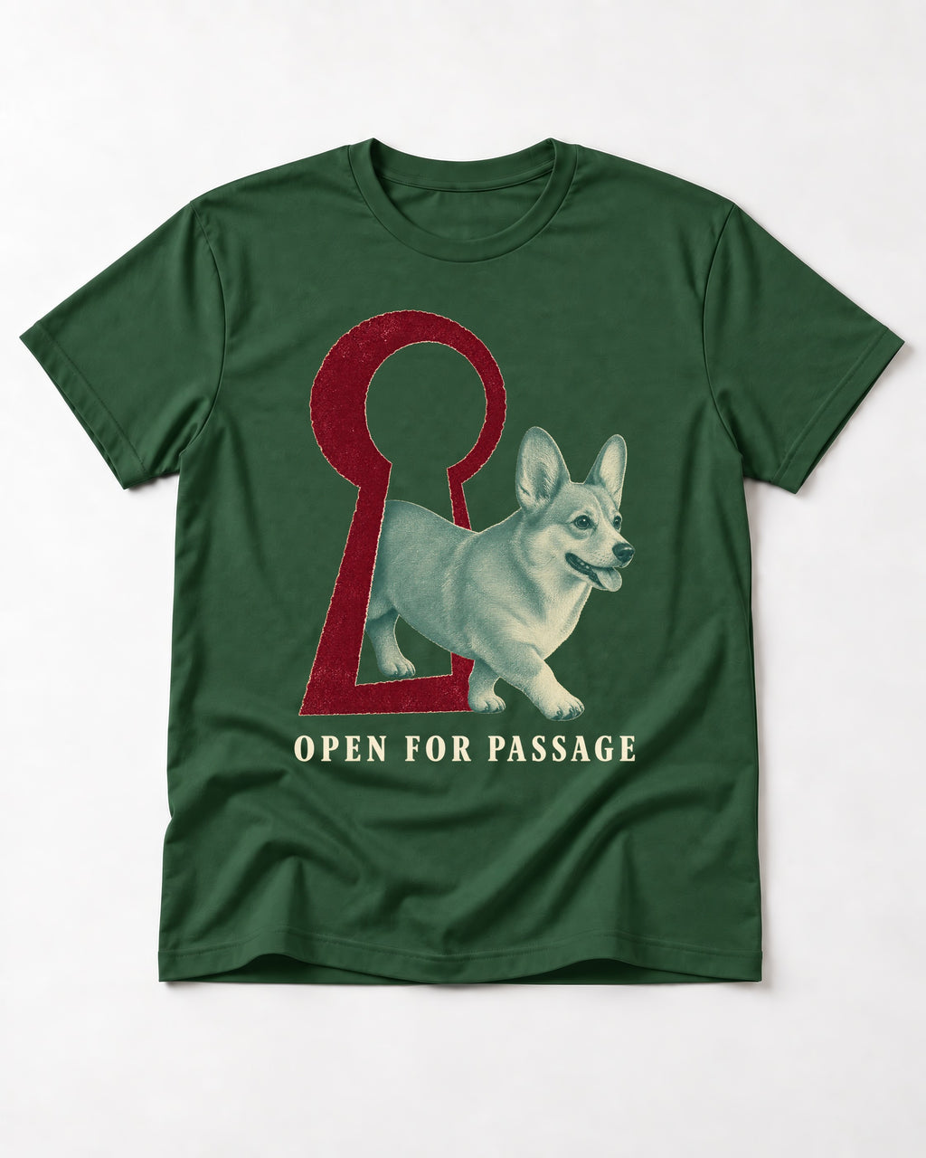 Corgi Open for Passage Keyhole Graphic T-Shirt in Forest Green, flat lay product photo