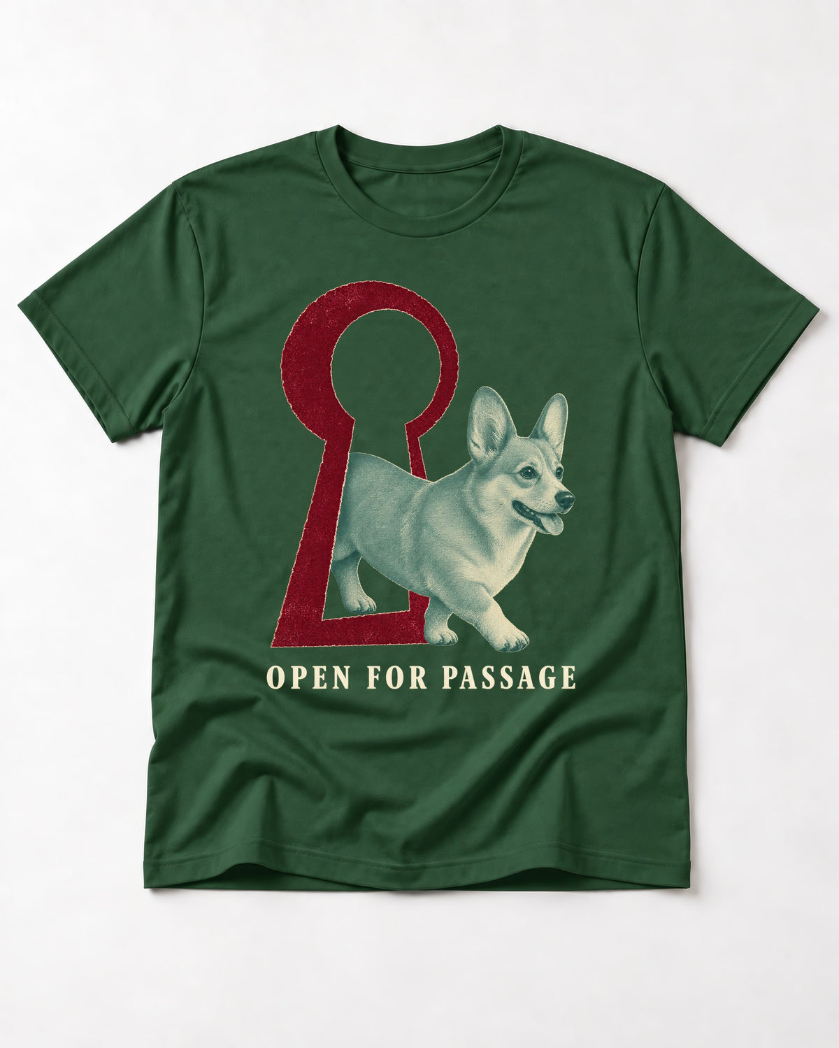 Corgi Open for Passage Keyhole Graphic T-Shirt in Forest Green, flat lay product photo