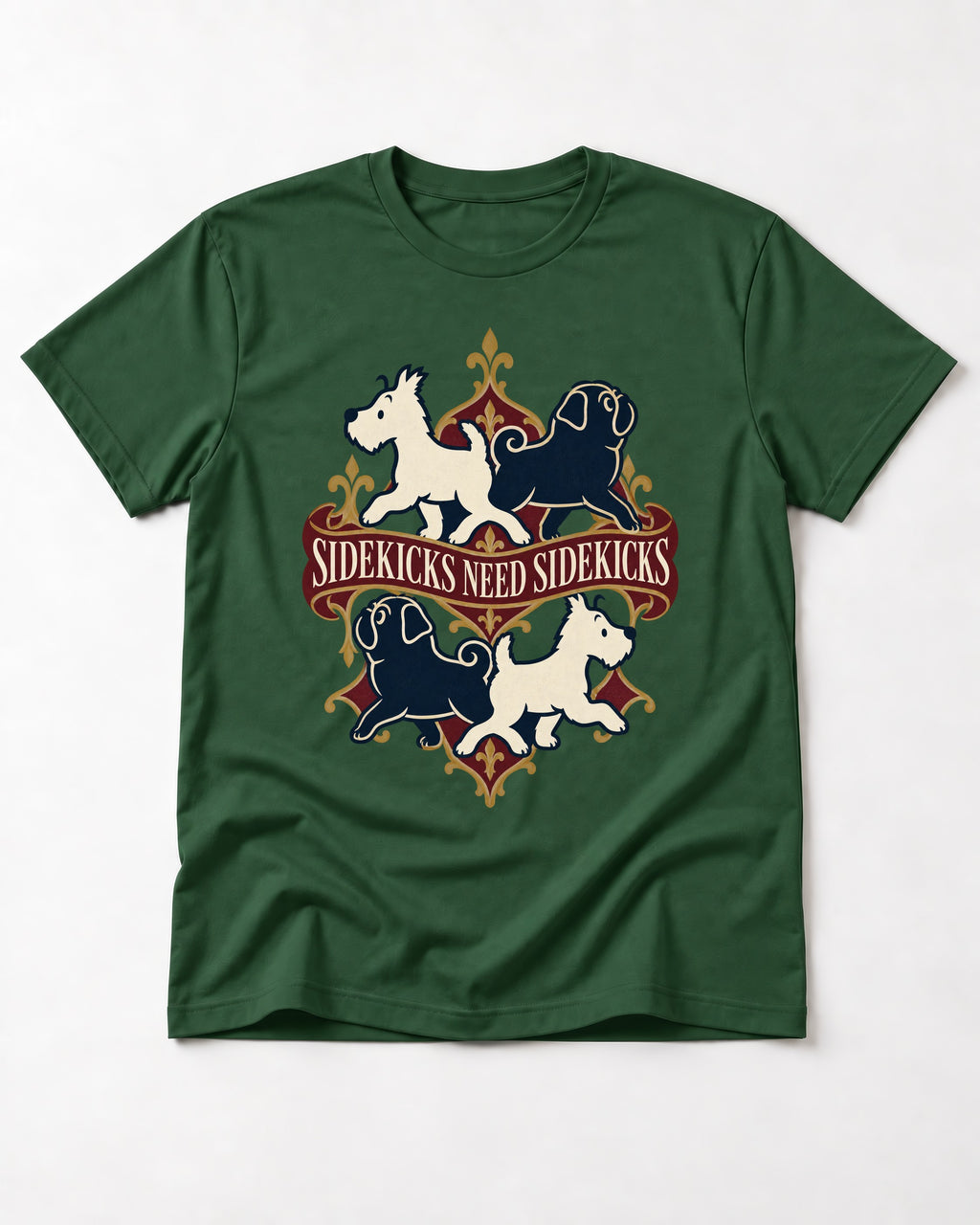 Pug Sidekicks Need Sidekicks Heraldic Graphic T-Shirt in Forest Green, flat lay product photo