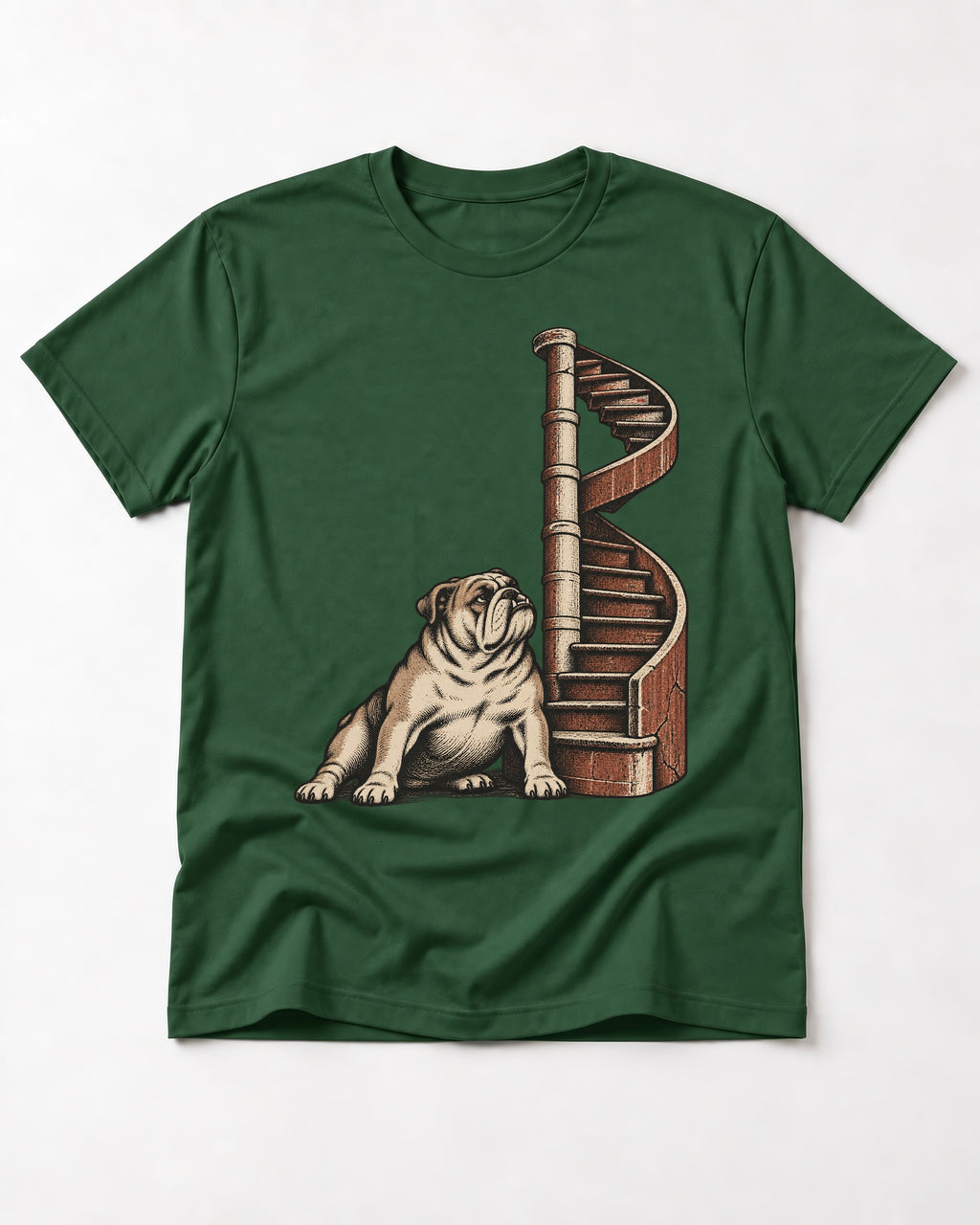 English Bulldog Spiral Staircase Graphic T-Shirt in Forest Green, flat lay product photo