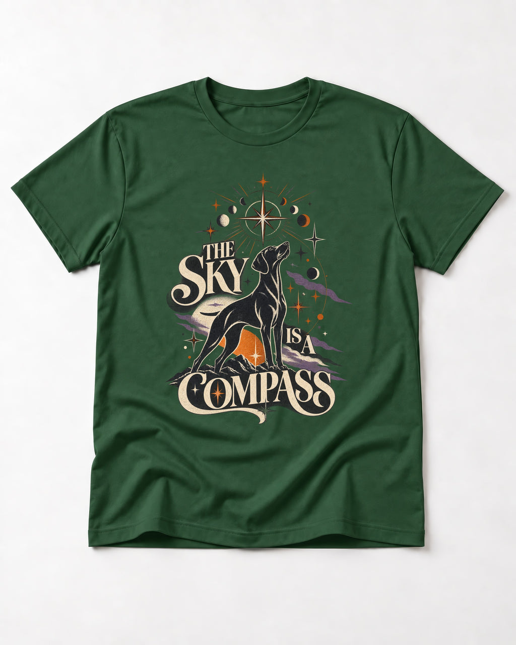 The Sky Is a Compass Celestial German Shorthaired Pointer Graphic T-Shirt in Forest Green, flat lay product photo