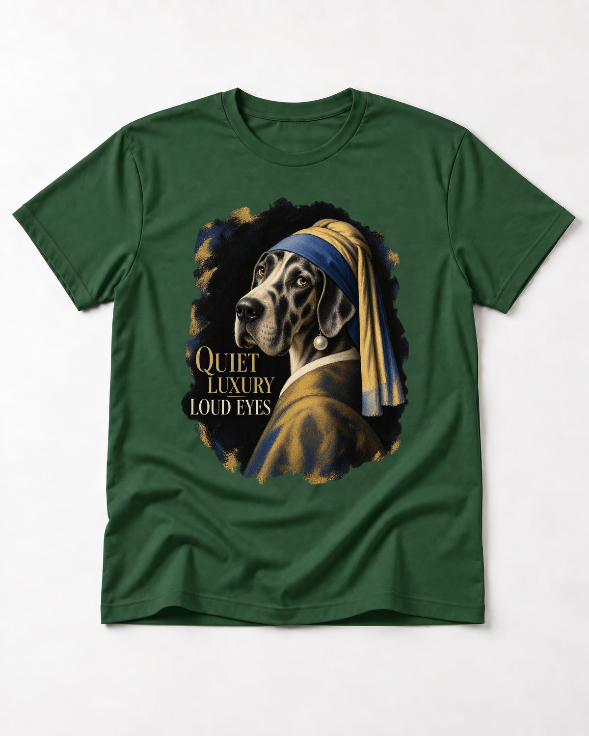 Great Dane Quiet Luxury Loud Eyes Pearl Portrait Graphic T-Shirt in Forest Green, flat lay product photo