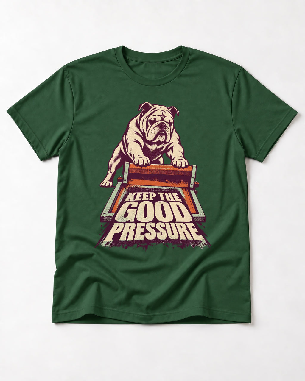 English Bulldog Keep the Good Pressure Printing Press Graphic T-Shirt in Forest Green, flat lay product photo