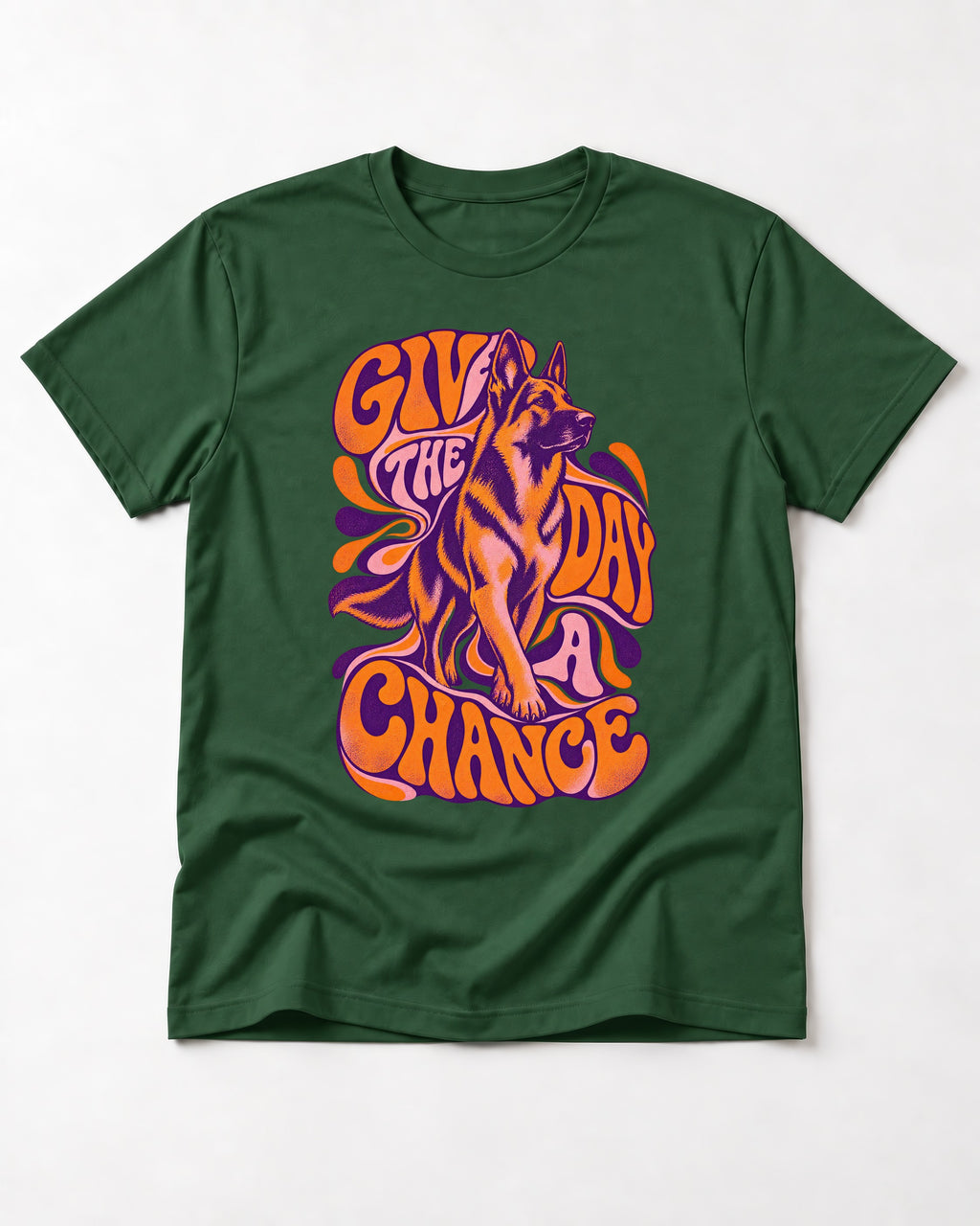 Give The Day A Chance Psychedelic German Shepherd Dog Graphic T-Shirt in Forest Green, flat lay product photo