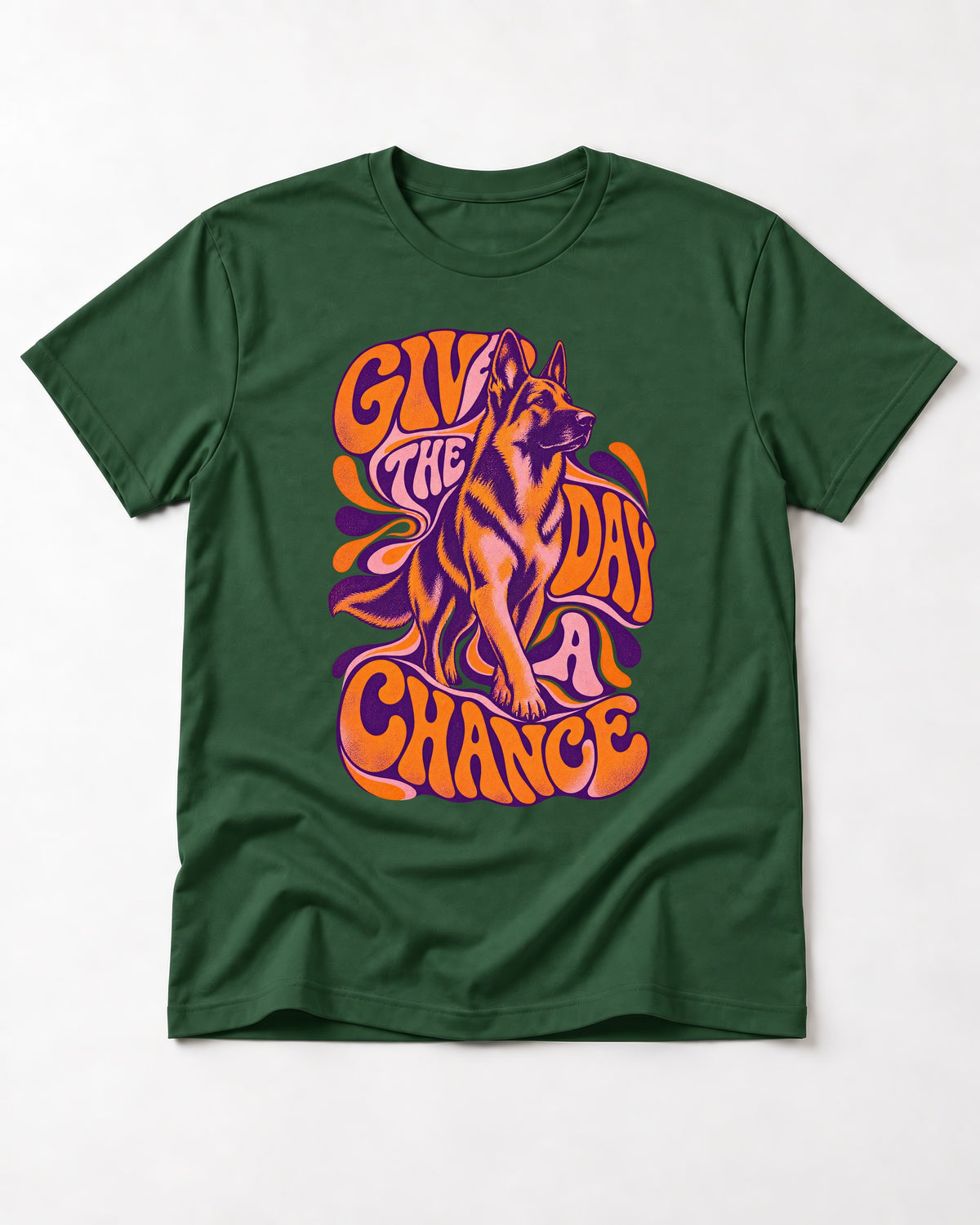 Give The Day A Chance Psychedelic German Shepherd Dog Graphic T-Shirt in Forest Green, flat lay product photo