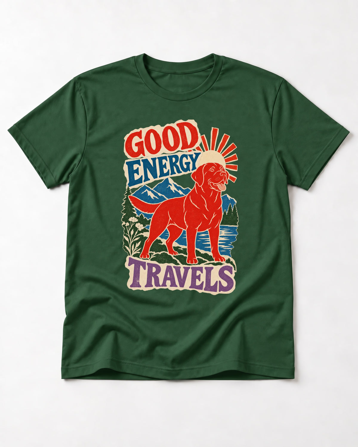 Labrador Retriever Good Energy Travels Adventure Graphic T-Shirt in Forest Green, flat lay product photo