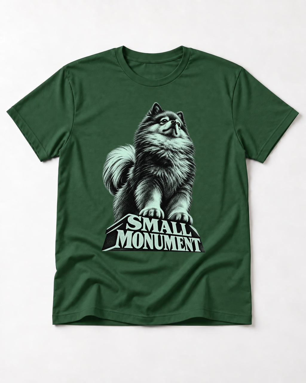 Pomeranian Small Monument Pedestal Graphic T-Shirt in Forest Green, flat lay product photo