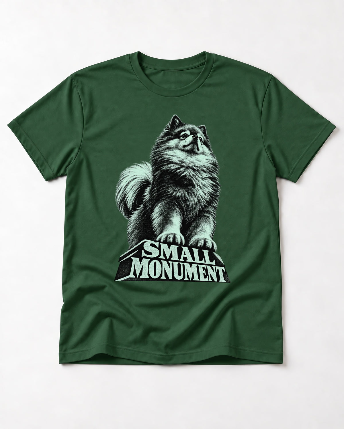 Pomeranian Small Monument Pedestal Graphic T-Shirt in Forest Green, flat lay product photo