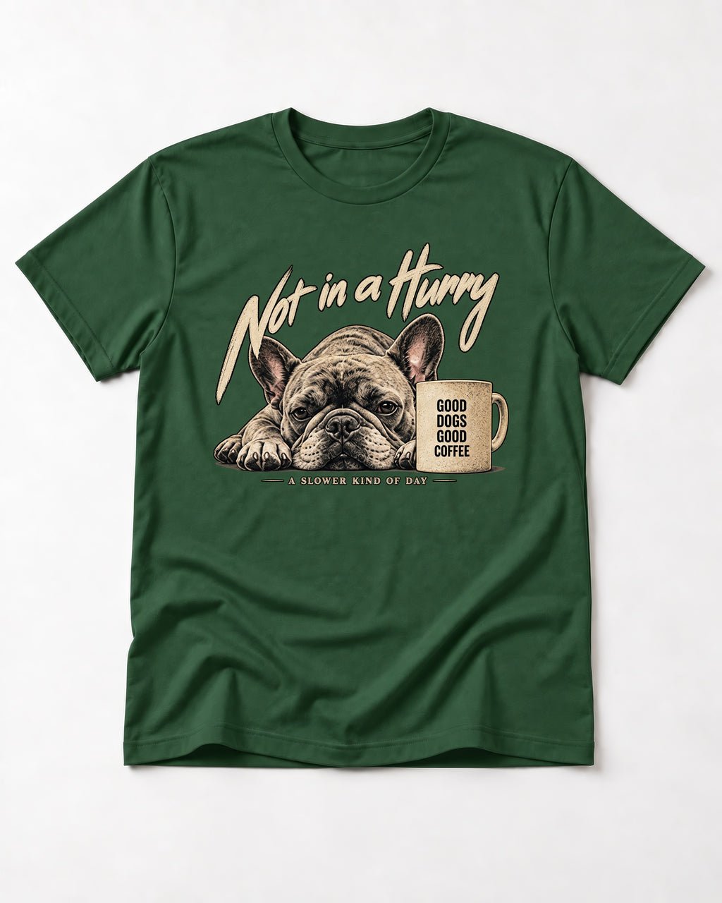 Frenchie Not in a Hurry Coffee Graphic T-Shirt in Forest Green, flat lay product photo