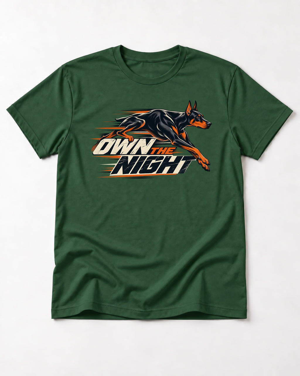 Doberman Own the Night Speed Graphic T-Shirt in Forest Green, flat lay product photo