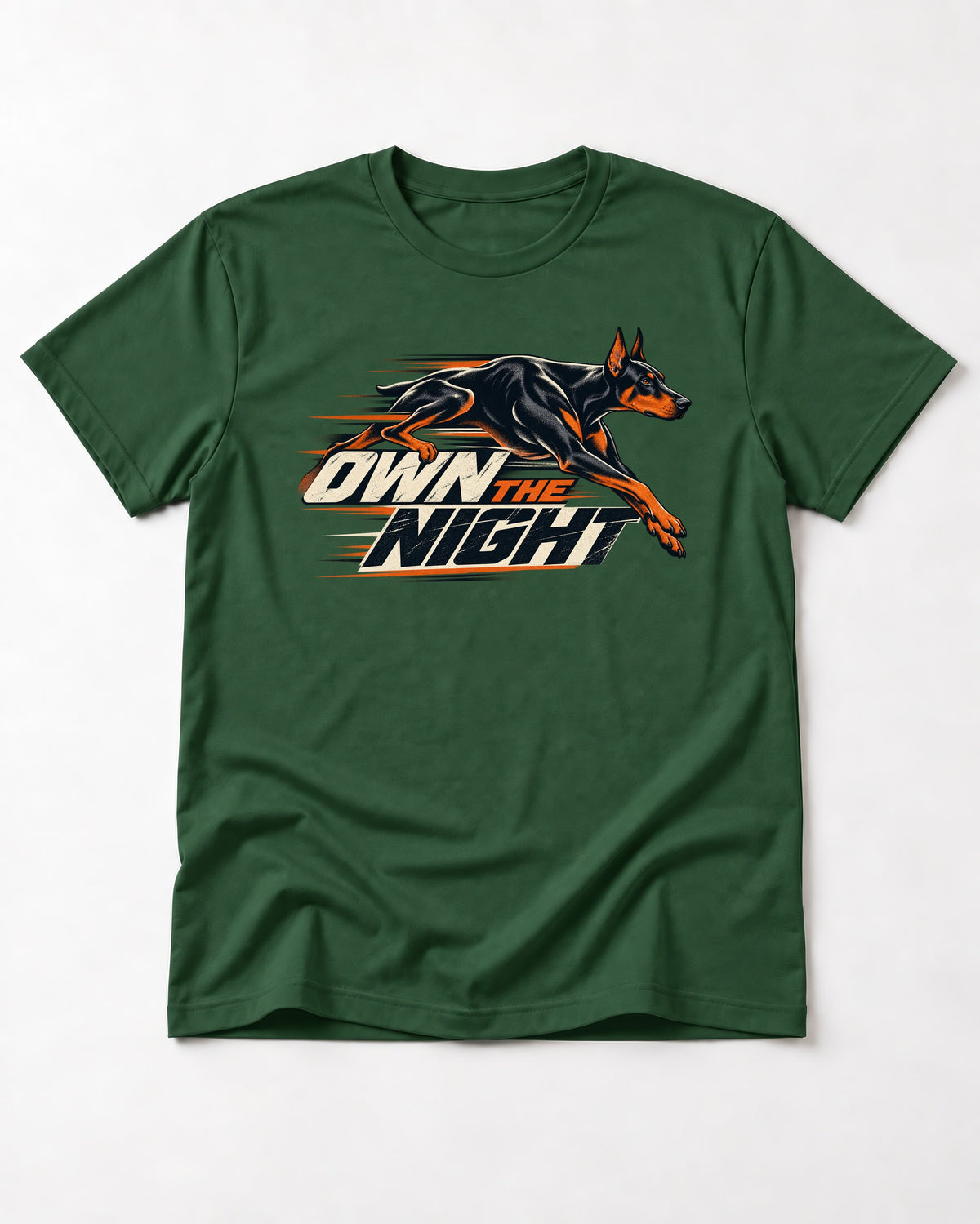Doberman Own the Night Speed Graphic T-Shirt in Forest Green, flat lay product photo