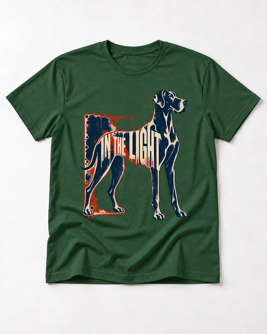 Great Dane In the Light Industrial Frame Graphic T-Shirt in Forest Green, flat lay product photo
