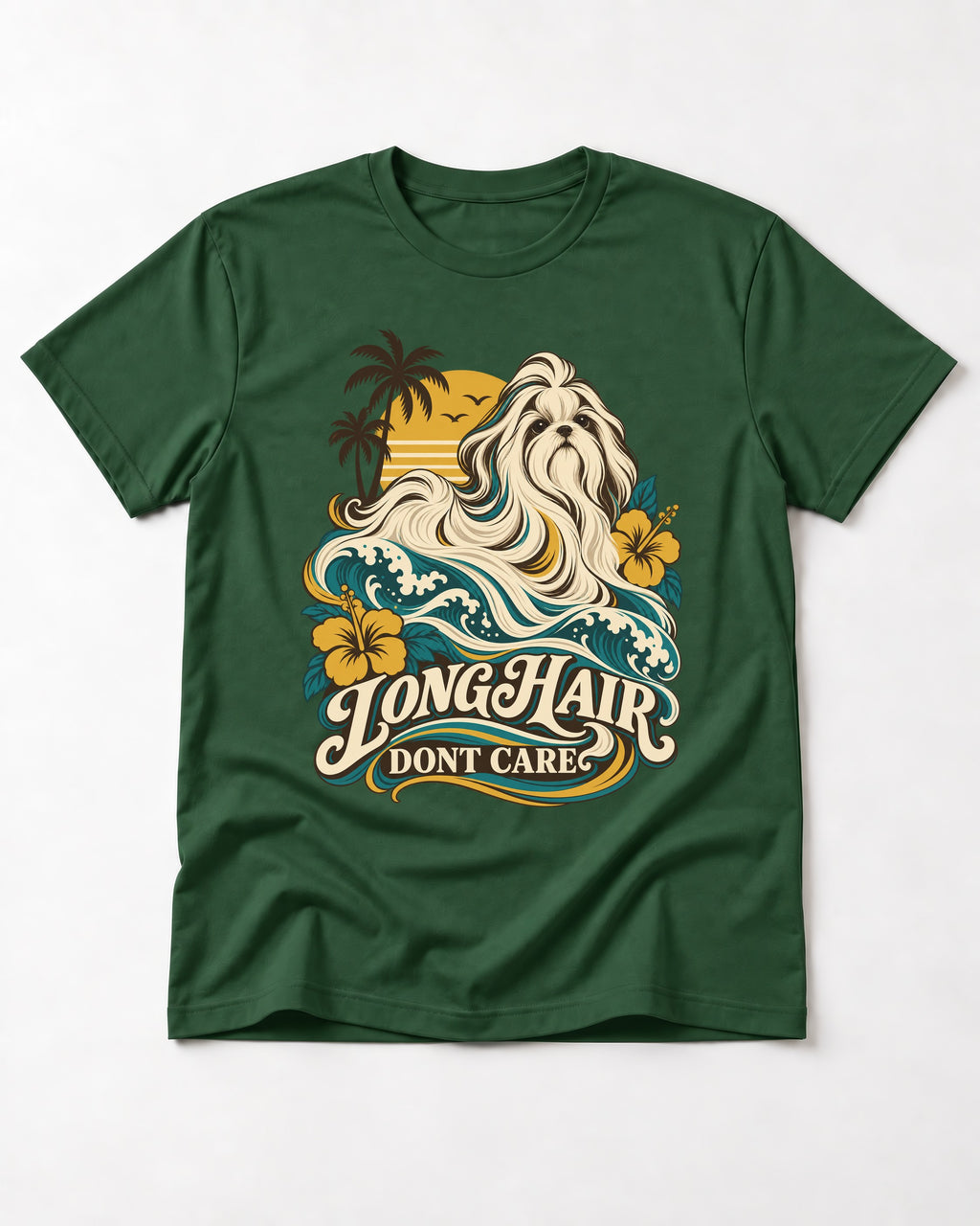 Shih Tzu Long Hair Don't Care Tropical Wave Graphic T-Shirt in Forest Green, flat lay product photo