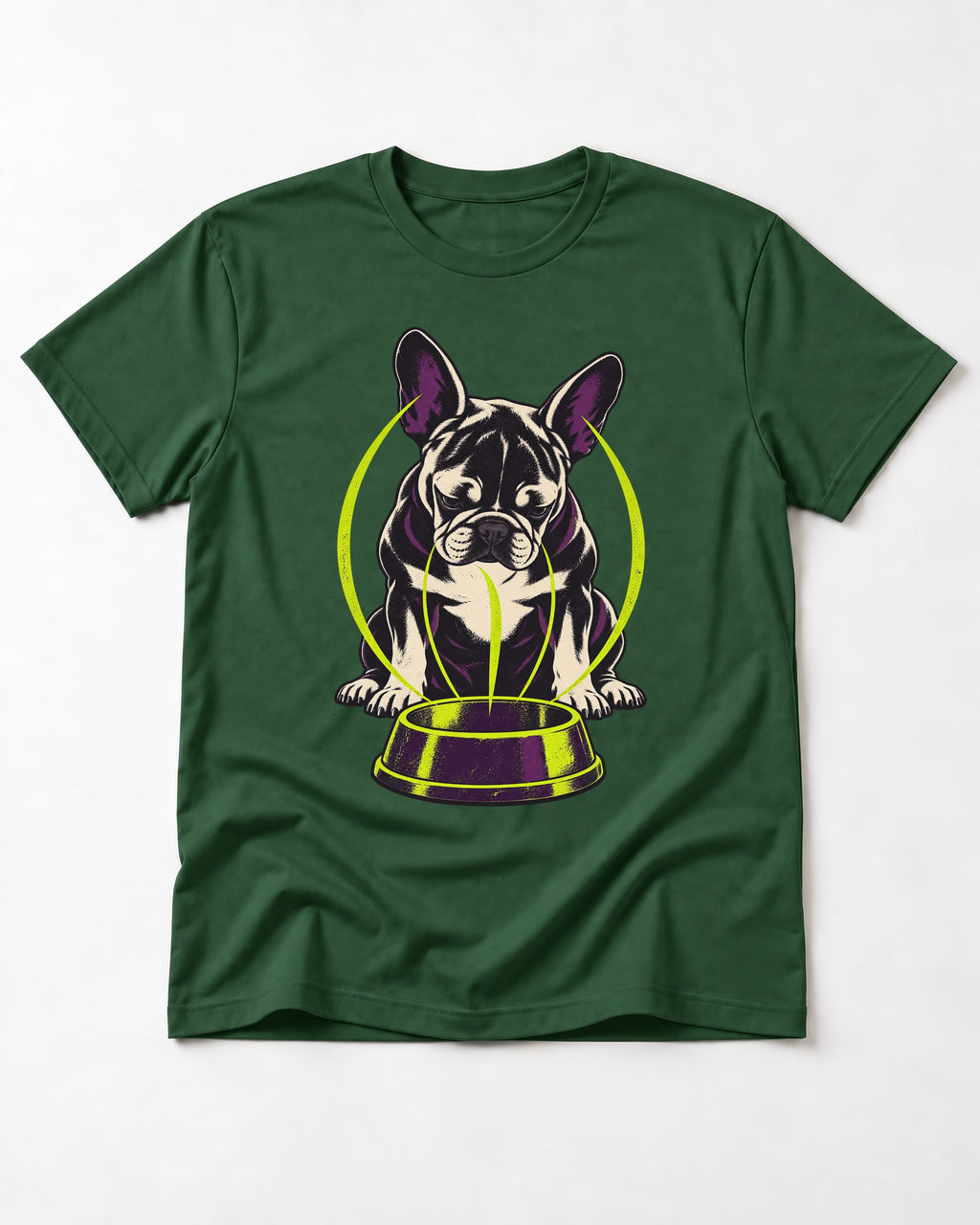 Frenchie Bowl Gravity Graphic T-Shirt in Forest Green, flat lay product photo