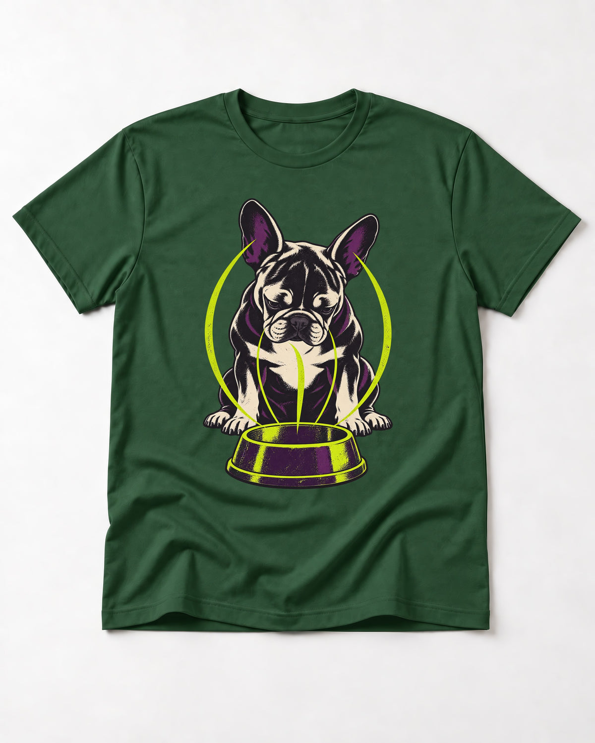 Frenchie Bowl Gravity Graphic T-Shirt in Forest Green, flat lay product photo