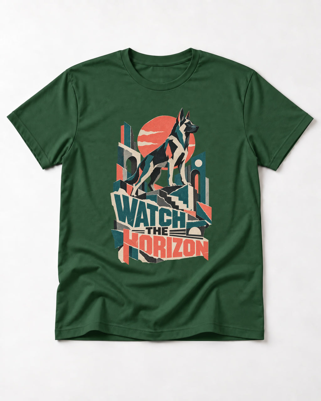 Watch The Horizon Cut Paper Cityscape German Shepherd Dog Graphic T-Shirt in Forest Green, flat lay product photo