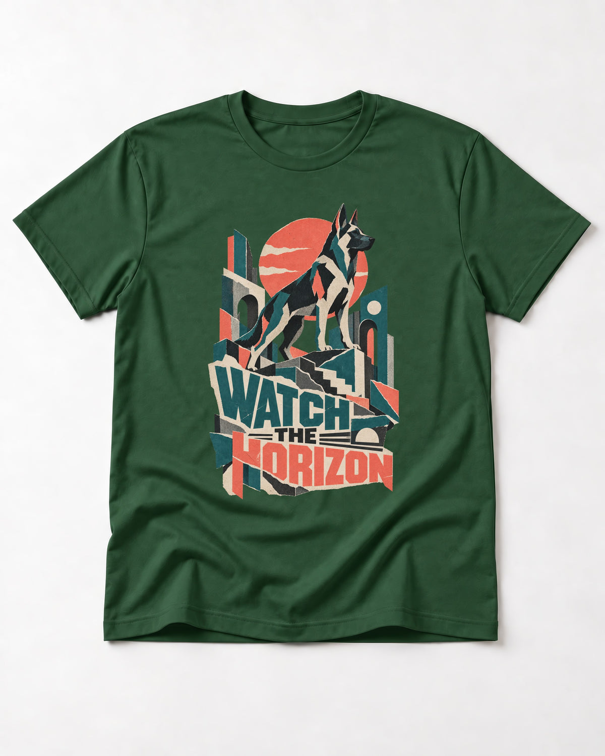 Watch The Horizon Cut Paper Cityscape German Shepherd Dog Graphic T-Shirt in Forest Green, flat lay product photo