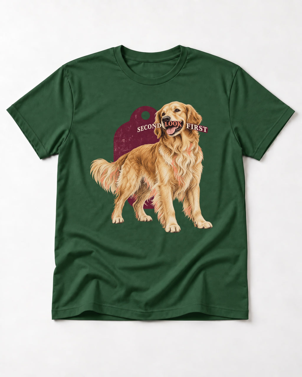 Golden Retriever Second Look First Tag Portrait Graphic T-Shirt in Forest Green, flat lay product photo