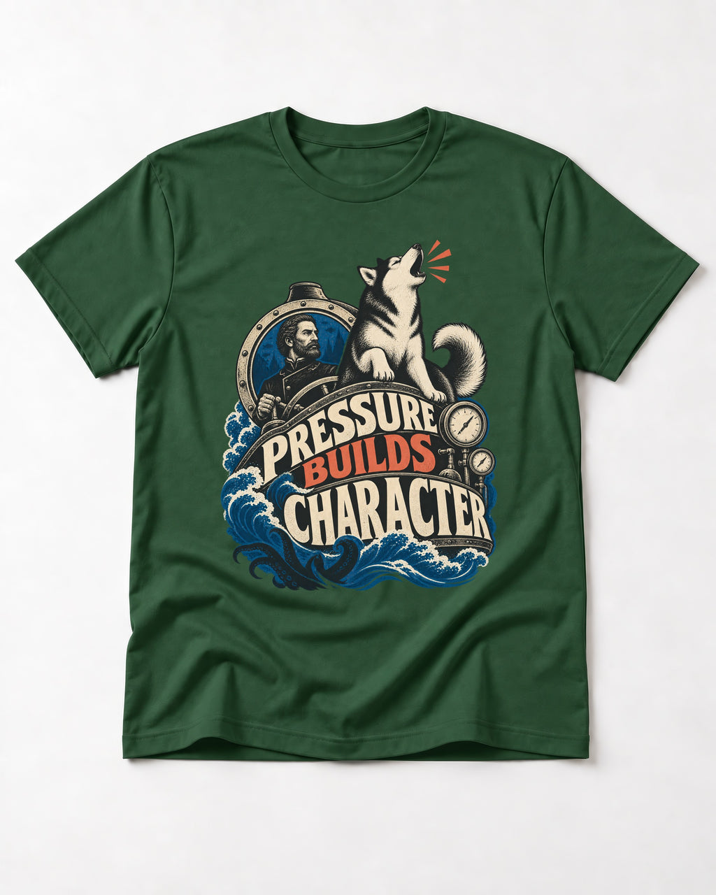 Husky Pressure Builds Character Deep Sea Graphic T-Shirt in Forest Green, flat lay product photo
