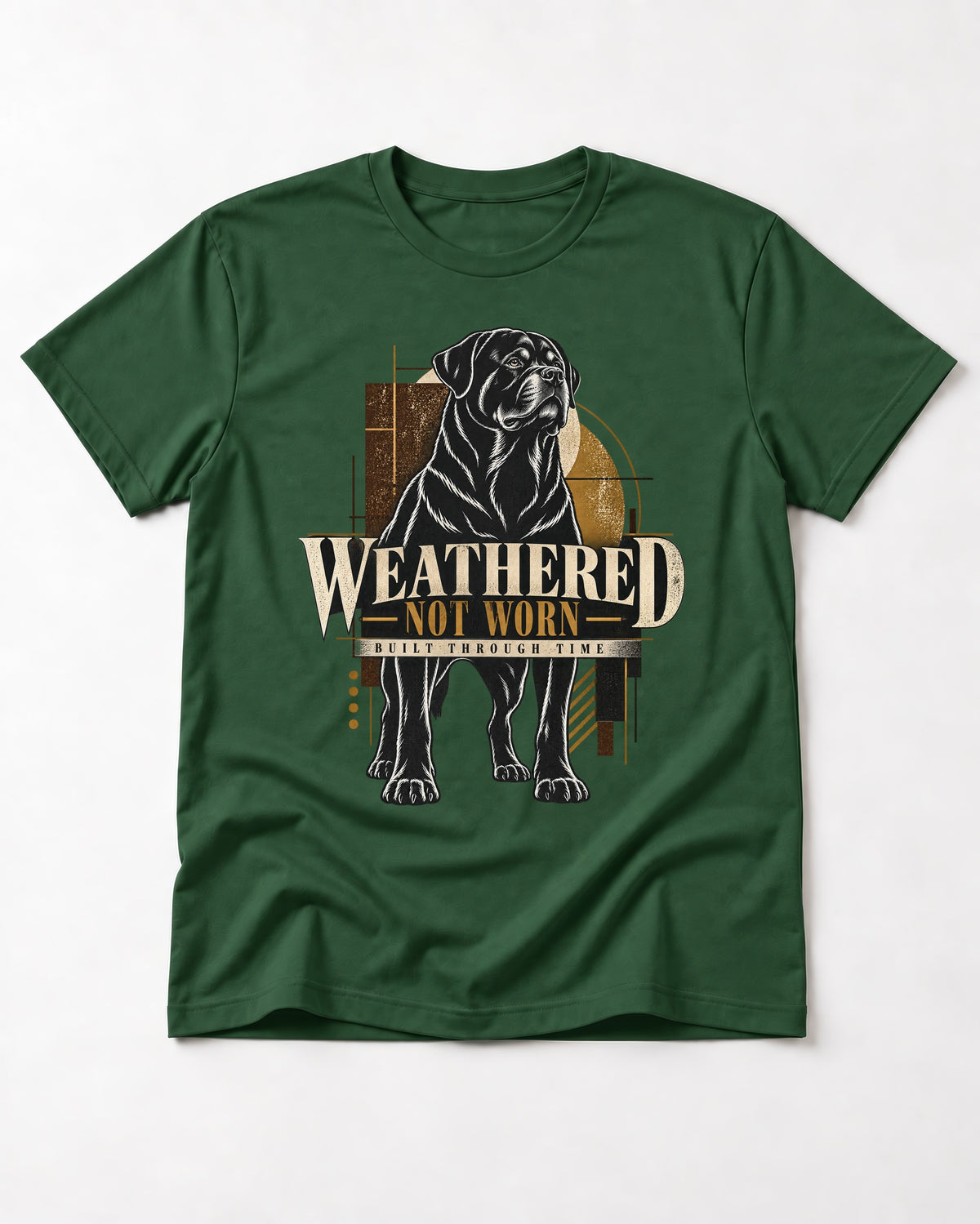 Rottweiler Weathered Not Worn Geometric Graphic T-Shirt in Forest Green, flat lay product photo