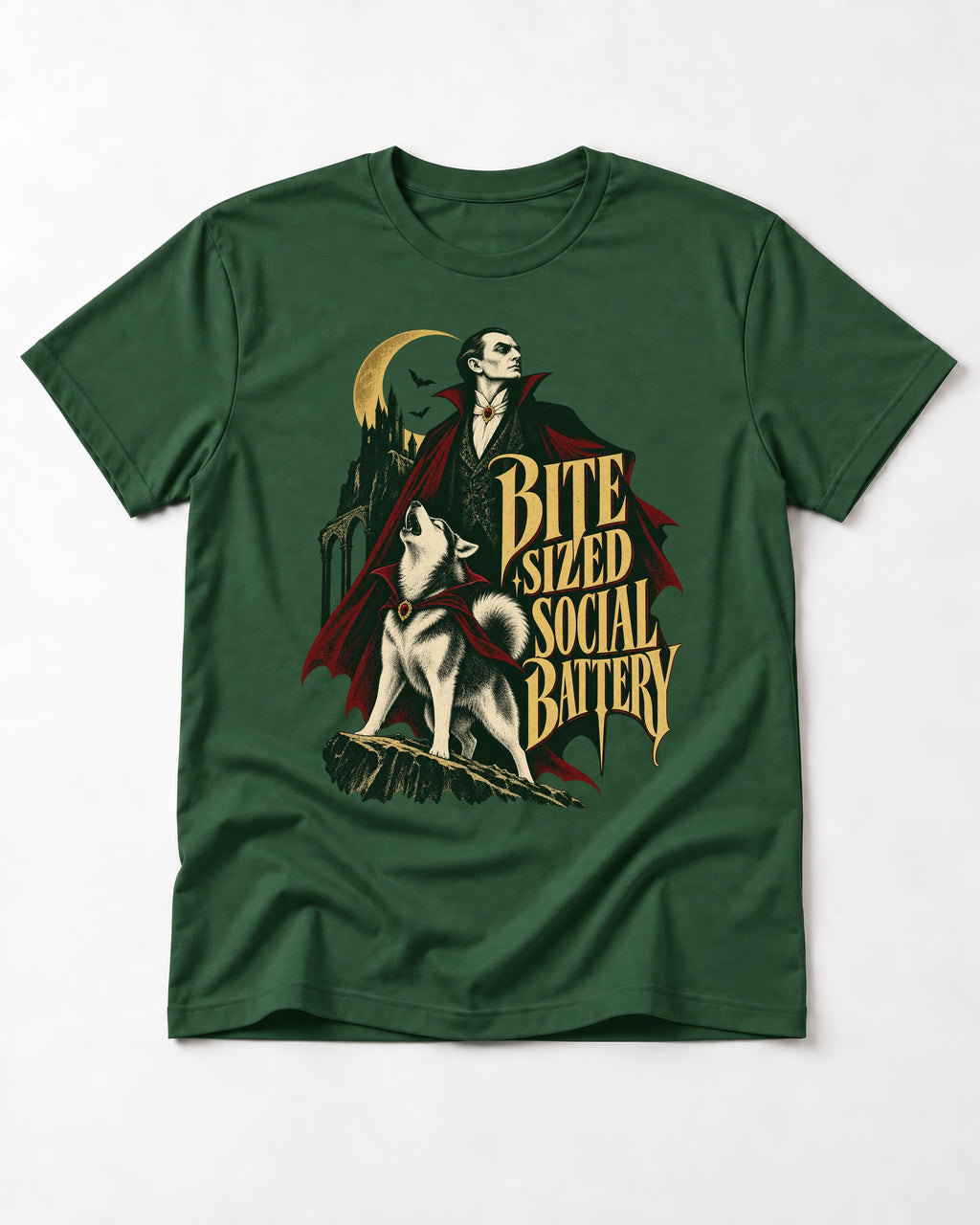 Husky Bite Sized Social Battery Vampire Graphic T-Shirt in Forest Green, flat lay product photo