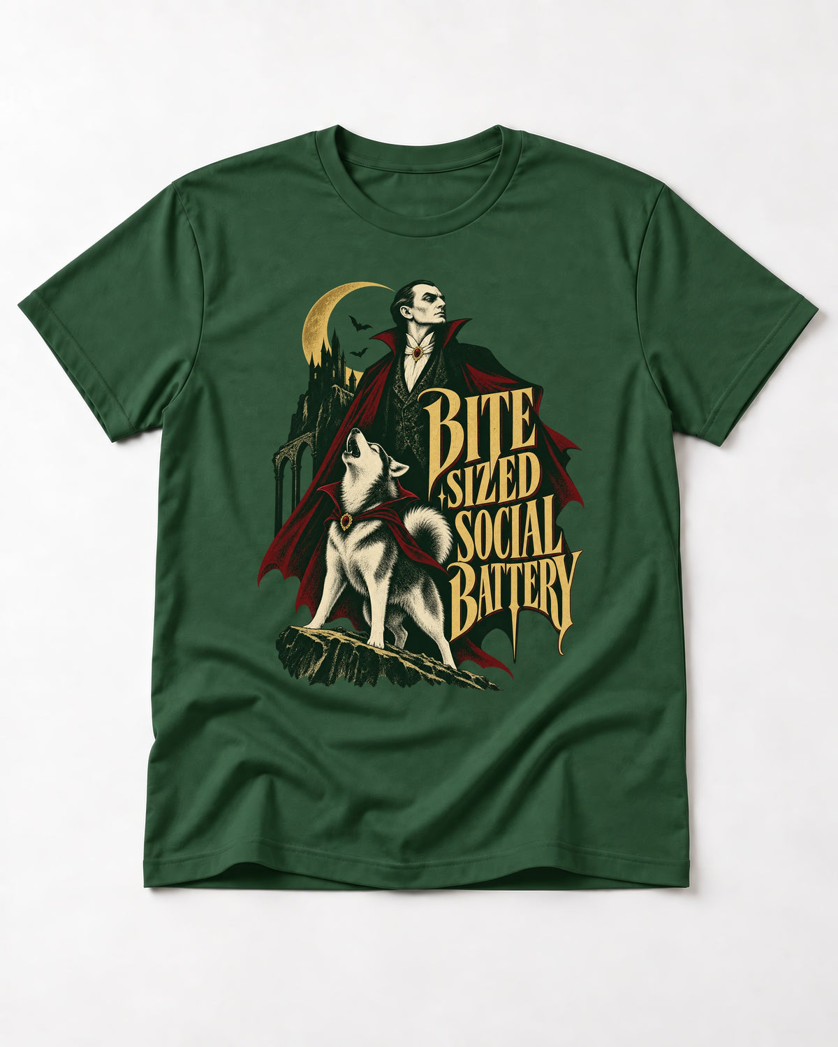 Husky Bite Sized Social Battery Vampire Graphic T-Shirt in Forest Green, flat lay product photo