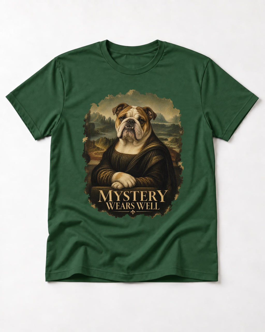 English Bulldog Mystery Wears Well Mona Lisa Portrait T-Shirt in Forest Green, flat lay product photo